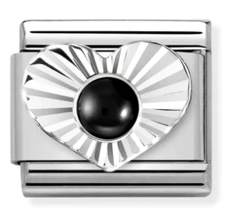 Gemstones - Black Agate in Heart Silver Charm
