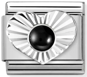 Gemstones - Black Agate in Heart Silver Charm