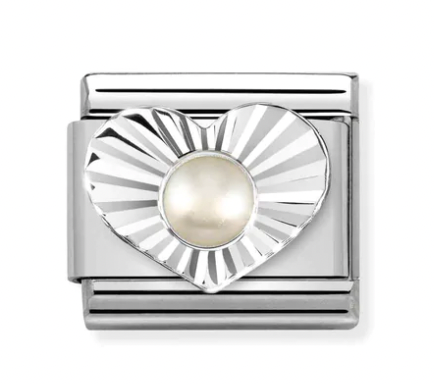 Gemstones - White Pearl in Heart Silver Charm