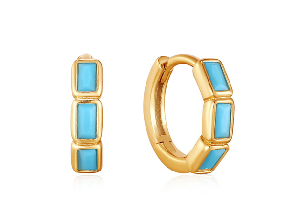 In The Blue - Turquoise Huggie Gold Hoop Earrings