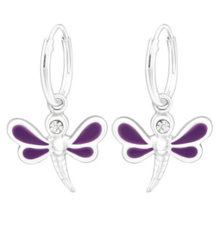 Kids Purple Dragonfly Hoop Earrings