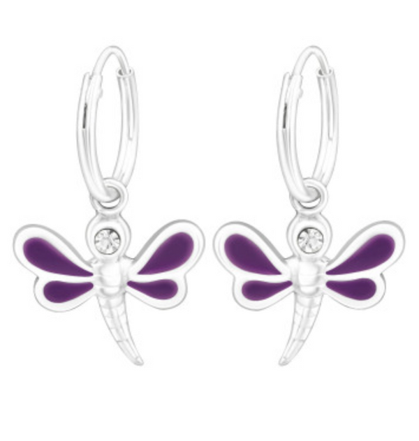 Kids Purple Dragonfly Hoop Earrings
