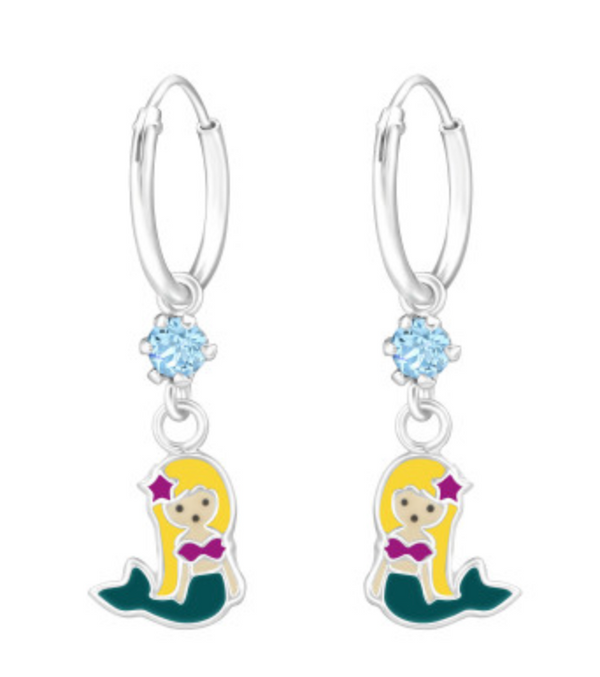 Kids Mermaid with Crystal Silver Hoop Earrings
