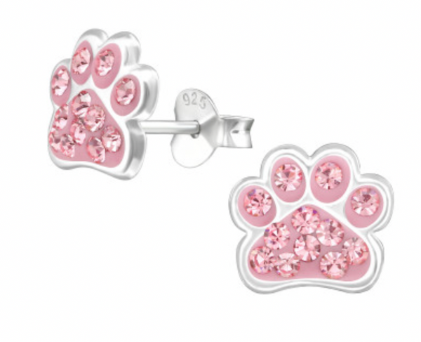 Kids Paw Print with Crystal Silver Stud Earrings - 4 colours