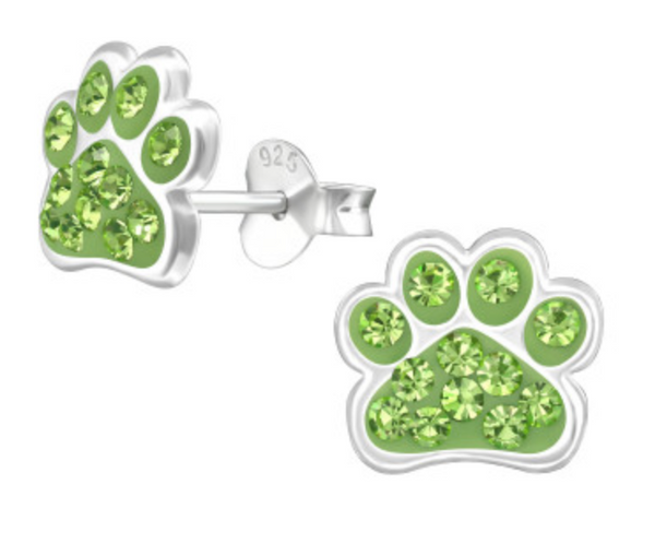 Kids Paw Print with Crystal Silver Stud Earrings - 4 colours