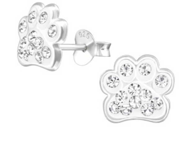 Kids Paw Print with Crystal Silver Stud Earrings - 4 colours