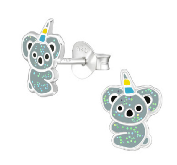 Kids Koala Corn with Glitter Silver Stud Earrings