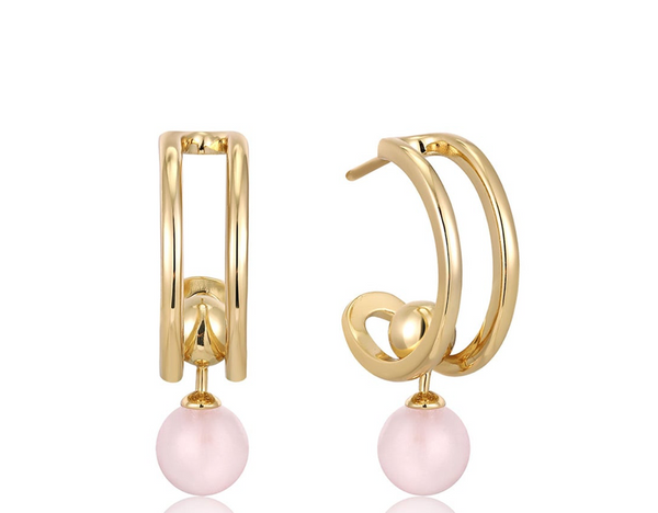 Spaced Out - Rose Quartz Orb Stud Gold Mini Hoop Earrings