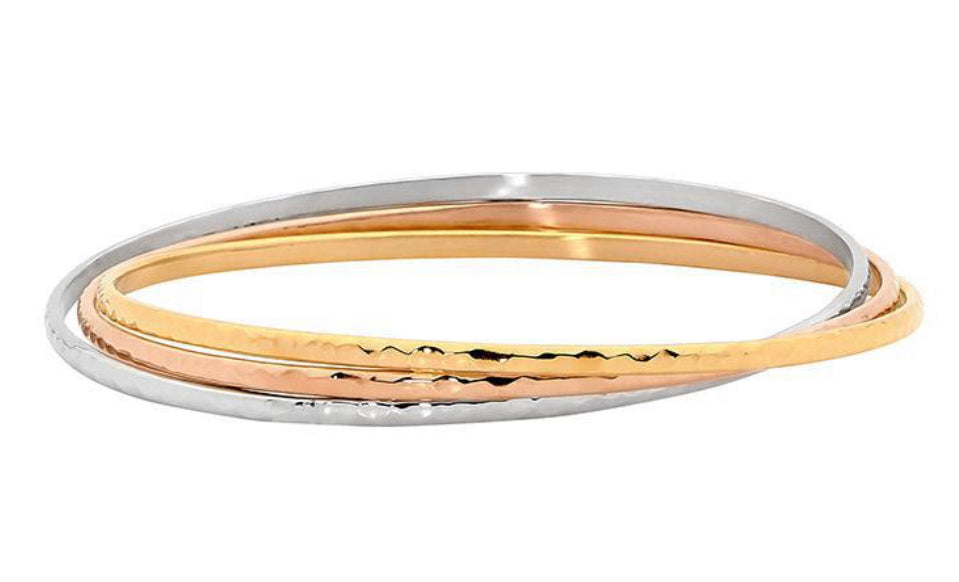 3x Thin Linked Fine Hammer Finish Stainless Steel Bangle