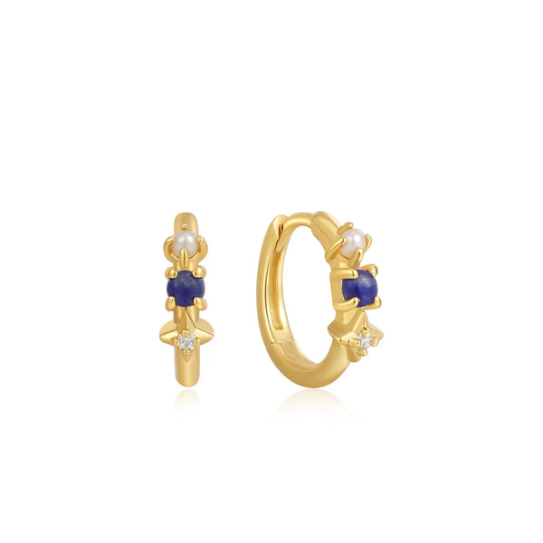 Second Nature - Lapis with Pearl & CZ Gold Huggie Hoop Earrings