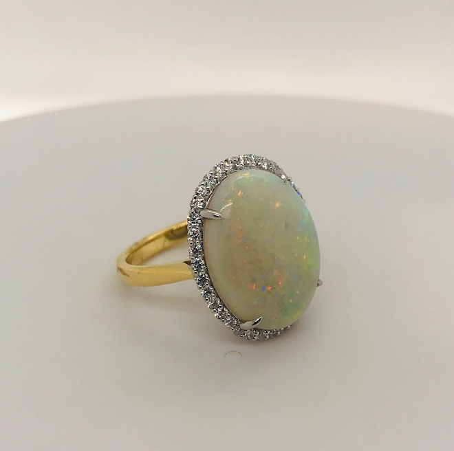 White Opal Halo Yellow Gold Ring